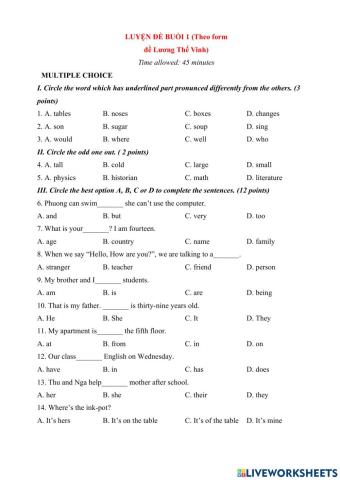 Luyện thi vào 6 - Đề số 1