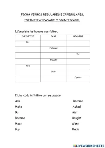 Verbos regulares e irregulares. Infinitivo, pasado y significado.