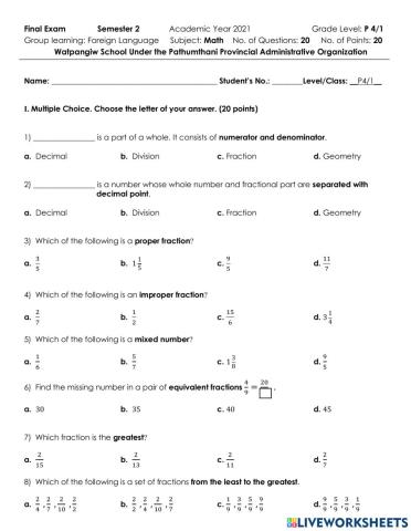 P4 Math Final Test (Term 2) 2021