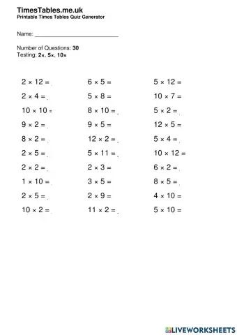 2, 5 and 10 times tables