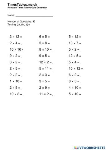 2, 5 and 10 times tables