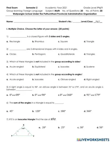 P6 Math Final Test (Term 2) 2021