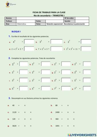 FICHA N°1 - Teoría de exponentes (Bloque I: Recordamos la potenciación)