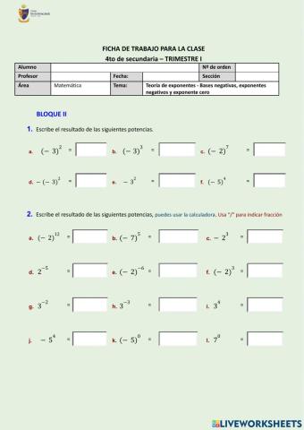 FICHA N°1 - Teoría de exponentes (Bloque II Bases negativas, exponentes negativos y exponente cero)