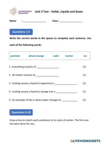 Unit 3 Test - Solids, Liquids and Gases - Harvey