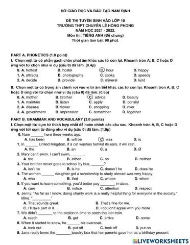 Đề thi vào lớp 10 Lê Hồng Phong 2021 (chung)