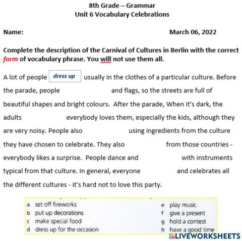 Celebrations Vocabulary