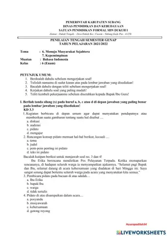 Soal PTS Bahasa Indonesia Kelas 6 Semester 2