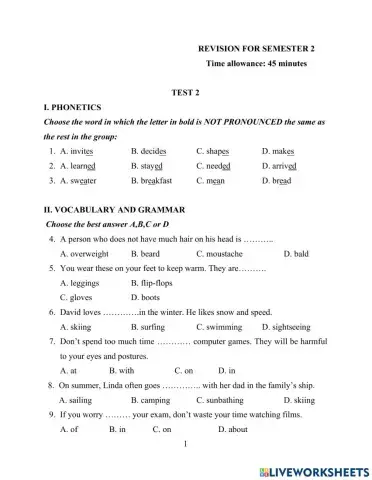 English File Pre-intermediate Revision from 1 to 5 Test 2