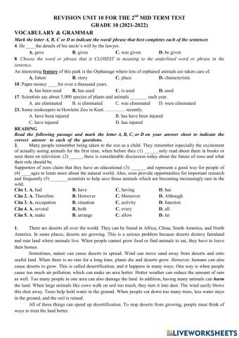 REVISION UNIT 10 FOR THE 2nd MID TERM TEST GRADE 10 (2021-2022)