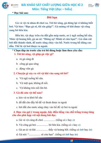 Bài khảo sát Tiếng Việt giữa kì 2 (đọc-hiểu)