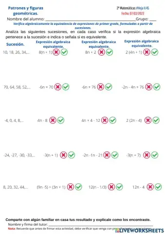 Expresiones algebraicas equivalentes a partir de sucesones.
