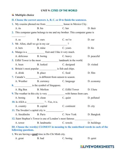 English 6 - unit 9 - multiple choice