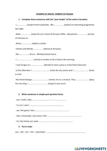 Examen verbos pasado simple