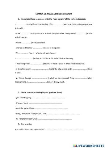 Examen verbos pasado simple