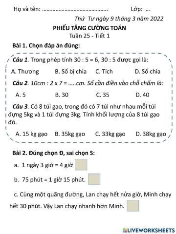 Phiếu toán tuần 25