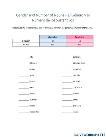 Classroom Nouns - Gender and Number