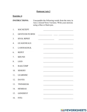 Pentecost Unscramble Exercise
