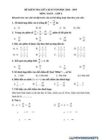 Luyện tập Toán giữa HKII