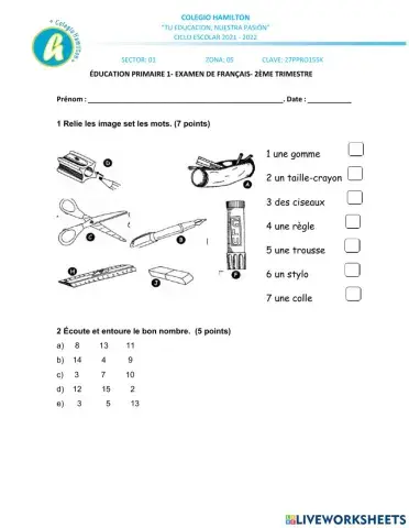 Examen de Francés 2do trimestre