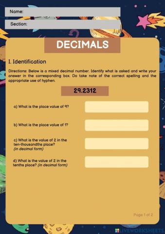 Decimals up to the ten-thousandths Worksheet