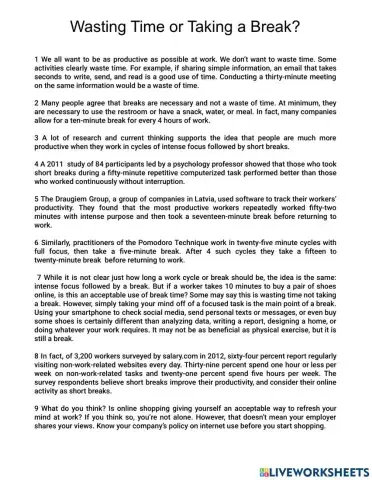 Reading b2 WASTING TIME OR TAKING A BREAK?