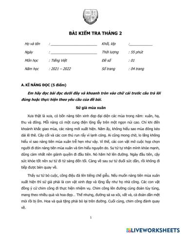 TV4 - Bài kiểm tra tháng 2 môn TV