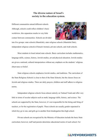 The diverse nature of Israel’s  society in the education system.