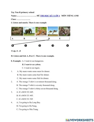 Đề thi học kì 2 tiếng anh 4