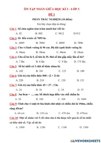 Phiếu ôn tập gkII- LỚP 3