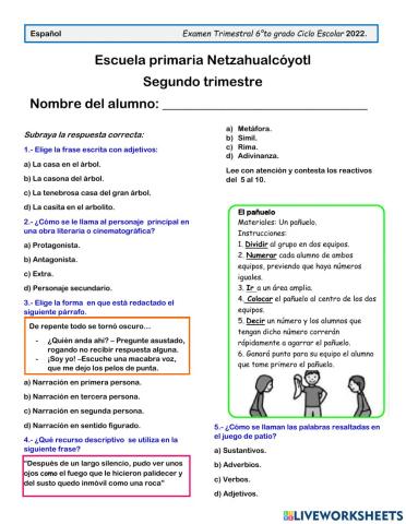 Examen trimestral de español
