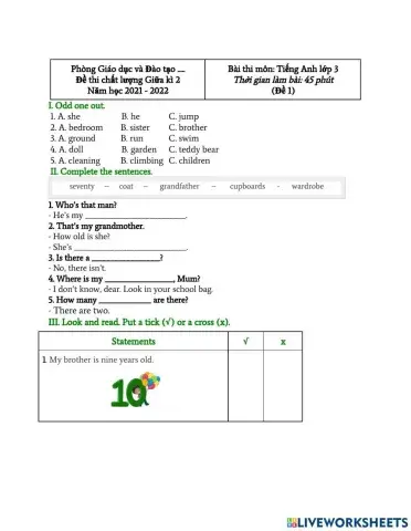 Đề thi môn Tiếng Anh lớp 3 Giữa kì 2