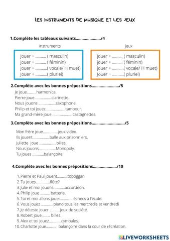 Les préposition instruments et jeux