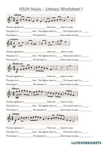 N5-H Music - Literacy Worksheet 1