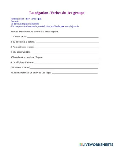 Présent de l'indicatif-Verbes 1er groupe Activité écrite