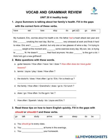 VOCAB AND GRAMMAR REVIEW UNIT 20 A healthy body