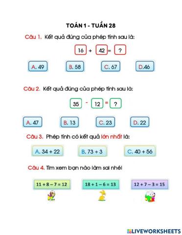Toán 1- Tuần 28