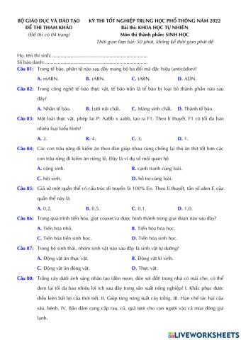 Đề tham khảo môn Sinh học 2022
