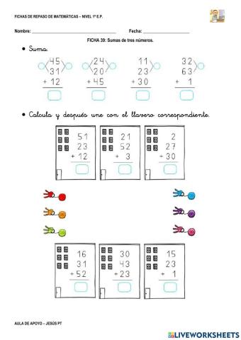 Ficha Matemáticas-1EP-Sumas de tres números