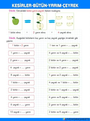 Kesirler-Bütün-Yarım-Çeyrek