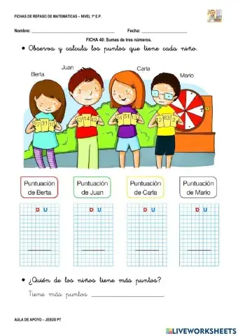 Ficha Matemáticas 40-1EP-Sumas de tres números