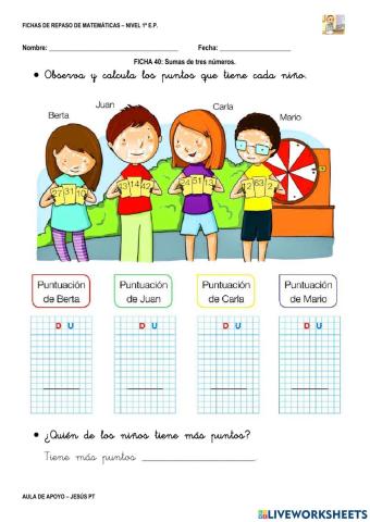 Ficha Matemáticas 40-1EP-Sumas de tres números