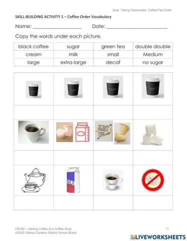 Coffee order vocabulary