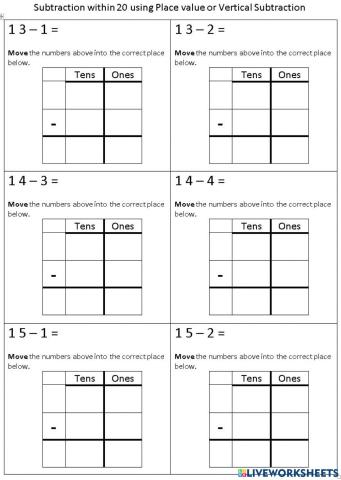 Subtraction within 20 Place value vertical Subtraction