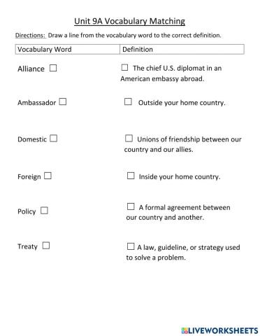 Unit 9A US Domestic and Foreign Policy Vocabulary Matching