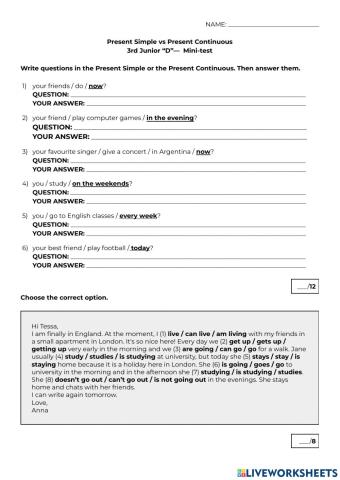 Present Simple vs Present Continuous Mini-test