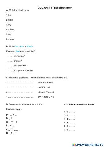 Global beginner Test Unit 1