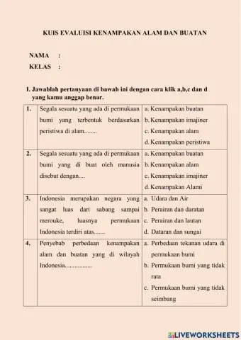 Soal evaluasi kenampakan alam dan buatan