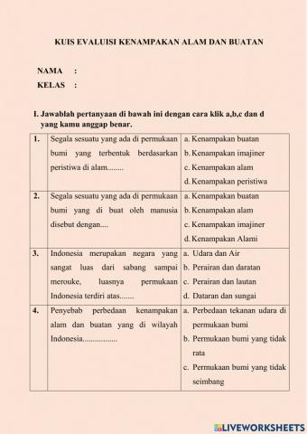 Soal evaluasi kenampakan alam dan buatan