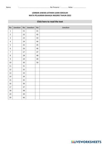Lembar Jawab LUS Bahasa Inggris 2022